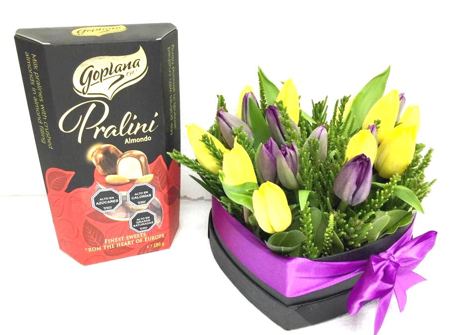Caja Coraz�n de 20 Tulipanes y Bombones Goplana Praline Crema Almendra 186g